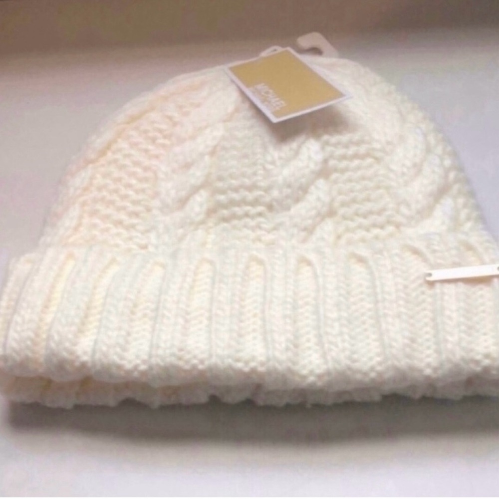 New Michael Kors Hat Women’s Ivory Winter Lined Cable Knit Cuffed Beanie Hat - Picture 2 of 12